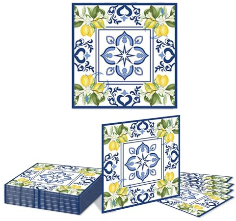 Kotkiddy 20 Piezas de servilletas de Papel cítricas Azul Cian Amarillo para Mesa de Comedor Acuarela Limones servilletas Desechables para Cena