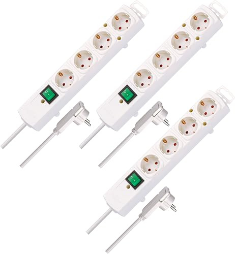 Brennenstuhl Comfort-Line Plus 4-dubbla grenuttag, 3-pack (grenuttag med platt stickkontakt och strömbrytare, multipeluttag med 2 m kabel och extra breda avstånd mellan uttagen) vitt