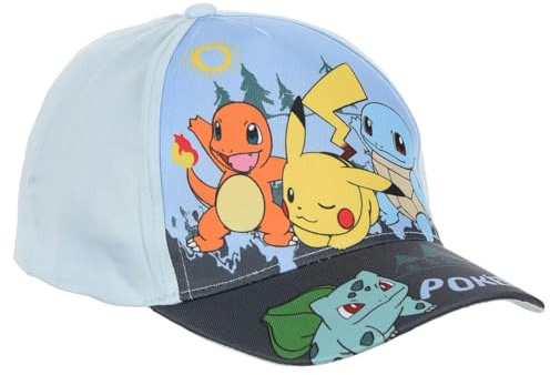 CARTOON Pokémon Cappellino Bambino con Visiera Regolabile Cappello Azzurro Taglia Bambini con Pikachu Charmander Squirtle Bulbasaur Berretto Estivo Sole 100% Cotone Ufficiale Pokémon