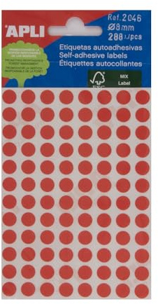 Apli Mini Klebeetiketten, 8 mm Durchmesser, Rot, 288 Stück)