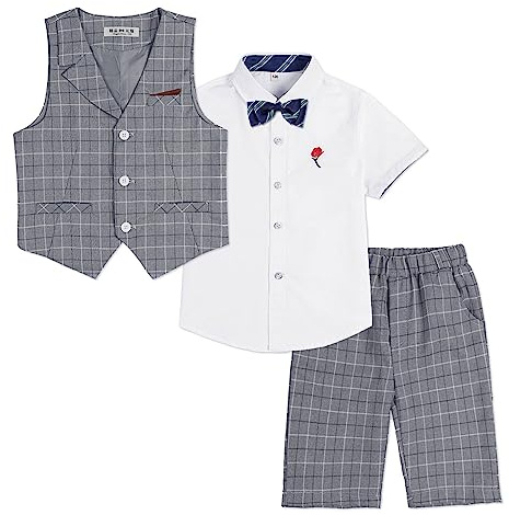 4-delad västkostym för barn, set med shorts för bröllopsfesten, outfit för pojkar, väst, skjorta, shorts, fluga, grårutig, 12-24 månader