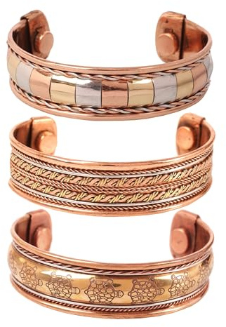 Touchstone Bracciale magnetico Rame stile tibetano. Forgiato a mano con rame puro massiccio e di alto calibro. Set di 3 diversi design in 3 metalli.