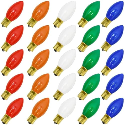 Couah C9 Bulbs C9 Multicolor Christmas Repalcement Bulbs 25 Pack C9 Christmas Replacement Light Bulb E17 Intermediate Base 7 Watts for Christmas Lights Outdoor Indoor Party Backyard Christmas Decor