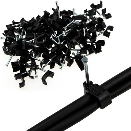 kenable Flat Black Cable Clips for RG59 Shotgun CCTV Coax Cable 10mm Diameter with High Impact Nails Indoor Outdoor Use [100 Pack]