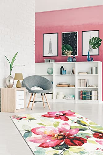 the carpet Monde Moderner Designer Wohnzimmer Teppich, Weicher Kurzflor, Blickfang, Blumen, Bunt, Creme, Rosa, 160 x 230 cm