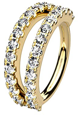 Tata Gisèle Piercing Anneau pour Cartilage Septum Nez Oreille - Créole Pliable Double Anneau Pavé de Zircons - 10 mm - (Or Doré/Clair)