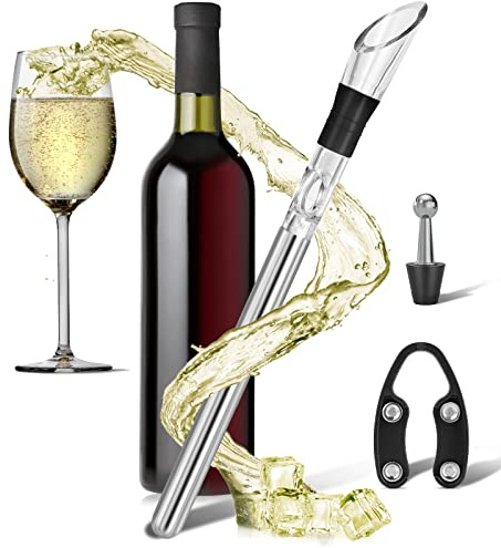 LEBEXY Refroidisseur de vin en acier inoxydable avec bec verseur et aérateur de carafe - Cadeau pour les amateurs de vin - Refroidisseur de vin - Refroidisseur de bouteille - Avec 1 bâton de