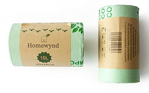 Homewynd Sacchetti per immondizia organici da 10 litri, confezione da 50, biodegradabili a base vegetale | Sacchi per la spazzatura 10L | Sacchi per immondizia compostabili organici per cucina/uffici