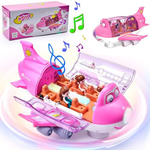 LEEWENYAN Electric Airplane Toy for Toddlers, 360° Rotating Aeroplane Toys with LED Light & Music, Aeroplane Gifts for Boys Girls Children, Stunt Aircraft Toy Airliner Plane Passenger Model (Pink)