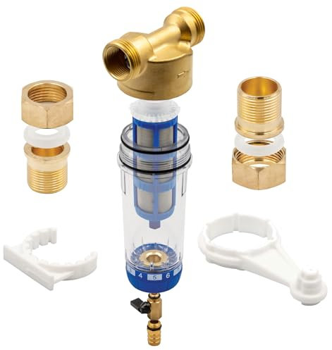 Set Mechanischer Rückspülfilter I Rückspülfilter Edelstahl Wasserfilter Wasserreiniger mit 1 Außengewinde (AG) und 3/4 Anschlussverschraubungen im Set