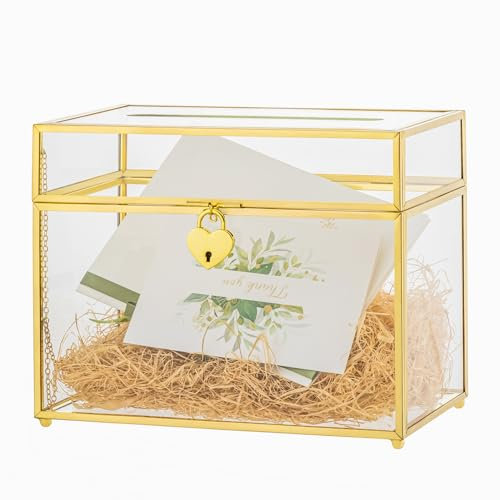 NCYP Small 25x14.2x19.6 CM Glass Wedding Card Box with Slot and Lock for Party Reception, Centerpiece, Home Decor, Gold (Glass Box Only) Slot Length 18 CM