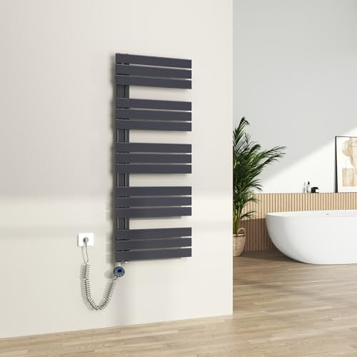 S'AFIELINA Seche serviette electrique Anthracite,132 x 50 cm, sèche serviette Électrique avec Thermostat,800W,Connexion Latérale,Tube plat, seche serviette salle de bain avec Tige Chauffante