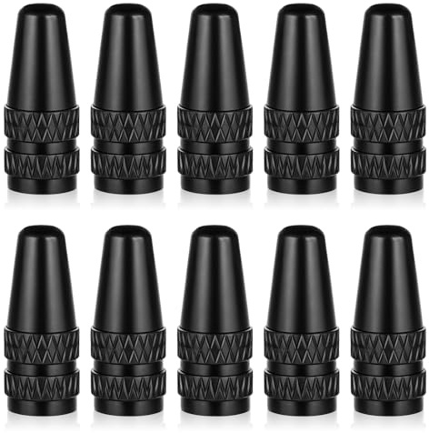 Prasacco 10 tapones de válvula de bicicleta de aluminio, color negro, 17 x 6 mm, tapas de válvula de repuesto para neumáticos de bicicleta