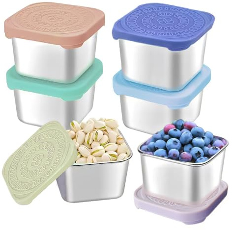 HTEVW 6Pack 6oz Stainless Steel Snack Containers for Kids, Easy Open Leak Proof Metal Toddler Snack Containers with Silicone Lids, Stackable Metal Toddler Lunch Box for School-U.S.Design Patent