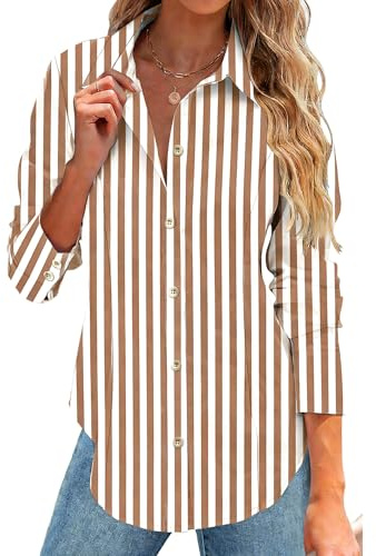 Rapbin Dress Shirt for Women Button Down Long Sleeve Top Business Collar Slim Fit Work Wrinkle Free Blouses (Brown Stripe,Medium)