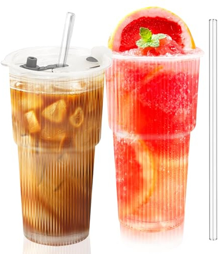 NVIYAM Juego de 2 Vaso Cristal con Tapa y Pajita, 600ml Vaso Matcha, Diseño de Rayas Verticales, Taza de Agua Sello, Vasos Cafe Cristal pare Batidos, Jugo