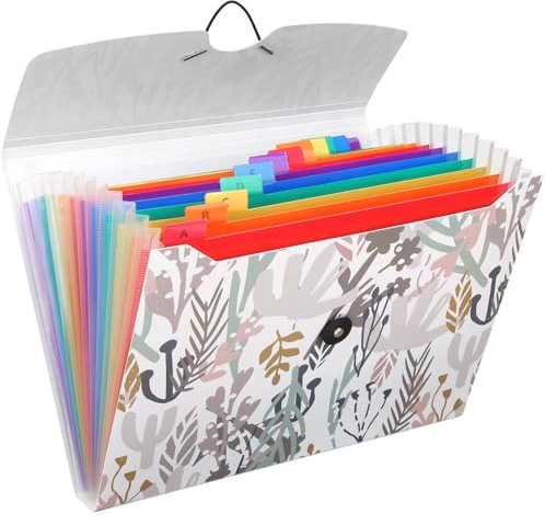 Uquelic 13 Pockets Expanding File Folder with Labels, A4 File Organizer, Floral Printed Accordion Folder, Rainbow Document Filing Box, File Storage for School Office Supplies (Seaweed Print)