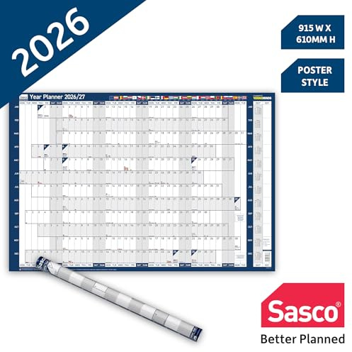 Sasco 2026 EU Wall Planner – Poster Style Year Calendar with Wet Wipe Pen & Stickers, 91.5x61cm, Blue – UK & European Holidays Marked – 2026 Wall Planner for Multinational Teams