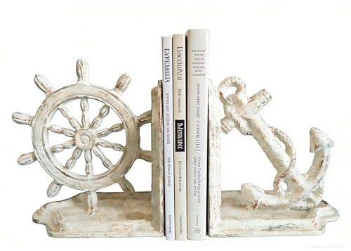 Anchor Bookends Decorative, Anchor and Nautical Ship Wheel Bookends Set,Heavy Duty Cast Iron Book Holder, Book Ends for Shelves Living Room Home Office, Antique Blue, 1 Pair/2Pieces (Antique White)