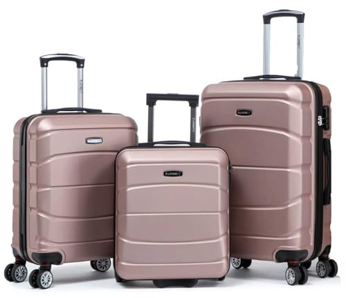 R.Leone Valigia da 1 Fino a Set 4 Trolley Rigido grande, medio, bagaglio a mano 55x40x23 cm Wizz, ITA Airways e bagaglio 45x36x20 cm EasyJet in ABS 8001 (Rose Gold, Set 3 Pezzi XS M L)