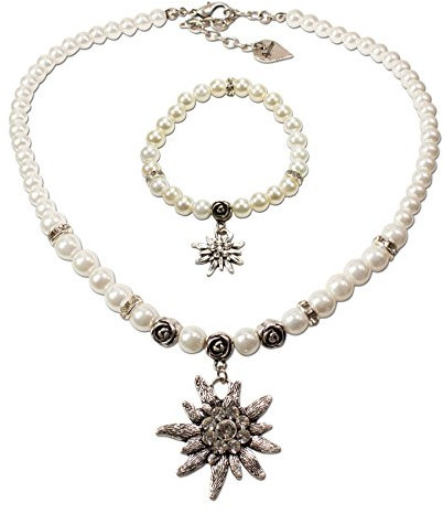 Alpenflüstern Trachtenschmuck-Set Perlen-Trachtenkette und Trachten-Armband Strass-Edelweiß - Damen-Trachten-Schmuck, Trachtenset Dirndl-Kette und Trachten-Armkette Creme-weiß SET022