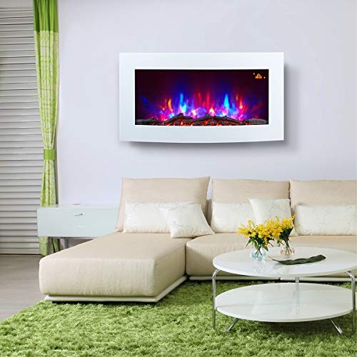 2026 TRUFLAME WHITE 89.2CM WIDE CURVED GLASS 7 COLOUR CHANGING LED WALL MOUNTED LOG EFFECT ELECTRIC FIRE