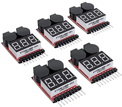 CAMWAY 5PCS 2 in 1 1-8s Tester di Tensione per Batteria Lipo, Allarme Batteria Tensione Bassa, RC Low Voltage Buzzer Alarm, Monitor Batteria Tester per 1-8s Lipo/Li-ion/LiMn/Li-Fe