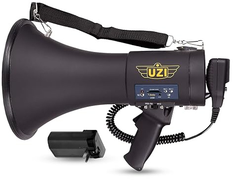Uzi High Power Loud Big Bluetooth Megaphone 50W, Professional Bullhorn Megaphone Used by First Responders, Police & Agencies, Rechargeable Battery, PA System, Outdoor Activities - Round Shaped