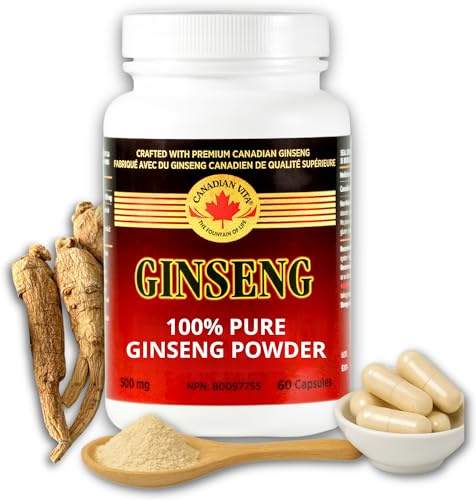 Canadian Ginseng Capsules 500mg (Panax Quinquefolius) – Ginseng Supplement for Energy, Focus & Immune Support – Pure Root Powder Pills – 60 Capsules, Farm-Grown in Ontario, Canada