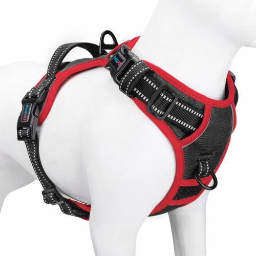 PHOEPET Antidragsele för hundar, reflekterande justerbar väst med ett träningshandtag, 2 koppelkrokar i metall, 3 spännen med snäppfäste, 4 glidspännen (XL, svart)