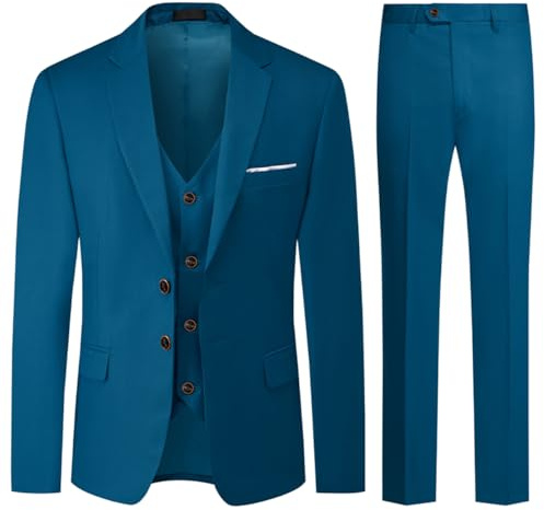 Allthemen Traje de Hombre de 3 Piezas de Ajuste Delgado con un Solo Pecho de Dos Botones Traje de Esmoquin de Boda Chaqueta Chaleco Pantalones Lago Azul XXL