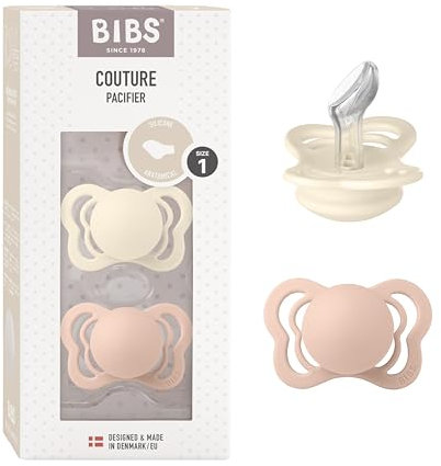 BIBS Couture Soother 2-Pack, BPA Free Dummy Pacifier, Anatomical Nipple. Silicone, Size 1 (0-6 Months), Ivory/Blush