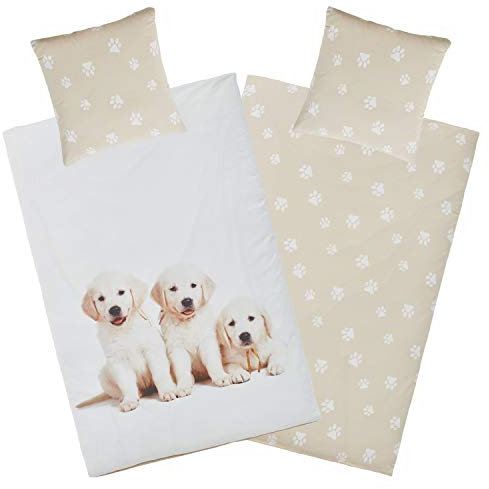 Aminata kids Kinderbettwäsche 135x200 Hunde Biber Welpe beige mit Reißverschluss - Wendebettwäsche