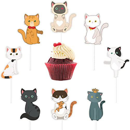 Topoloar 32 stycken söt katt tårtfat cupcake-topp, kattunge tecknad tårta toppers cupcake dekoration dessert plock för baby barn födelsedagsfest bland fans födelsedagsfest husdjur temafest