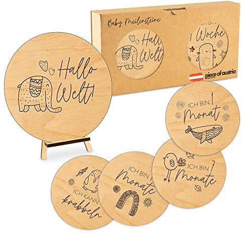 sagl.tirol Meilensteinkarten Baby aus Holz [100% natürlich] 30 Meilensteine aus Buchen Holz als Geschenk zur Geburt I Babyparty I Geschenkideen für werdende Mütter I Eltern I Geschenk Geburt (Baby)