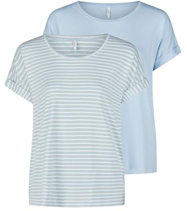 ONLY Tshirt Damen Bluse Top ONLMOSTER 2er Pack Regular Fit Rundhals Basic Kurzarm Shirt Streifen, Größe:M, Farbe:Cashmere Blue w/cd Stripes