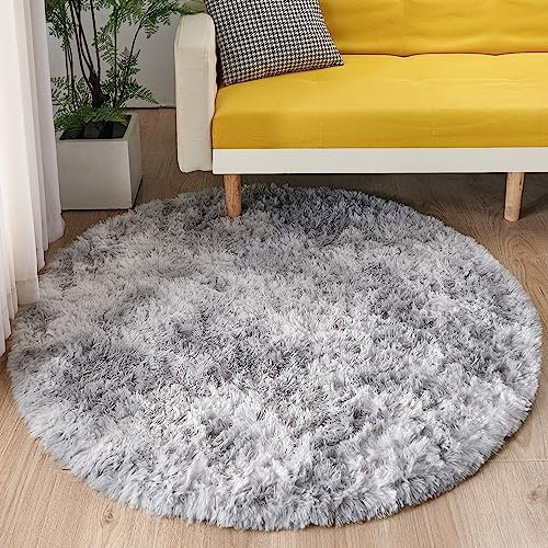 MARATIP Teppich Rund Kinderzimmer 100 cm Hellgrau Schlafzimmer Hochflor-Teppich Waschbarer Buro Weicher Flauschige Modern