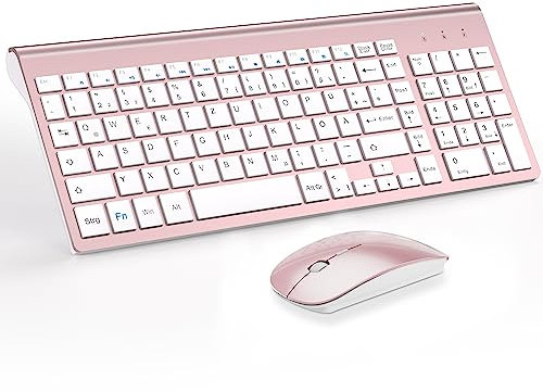 Tastatur Maus Set Ultra Slim, TopMate 2,4G Stille Compact USB 2400DPI Maus und Schissschalter Tastatur mit Abdeckung, mit 2 AA & 2 AAA Batterien für PC/Laptop/Windows/Mac-Rose Gold Weiß
