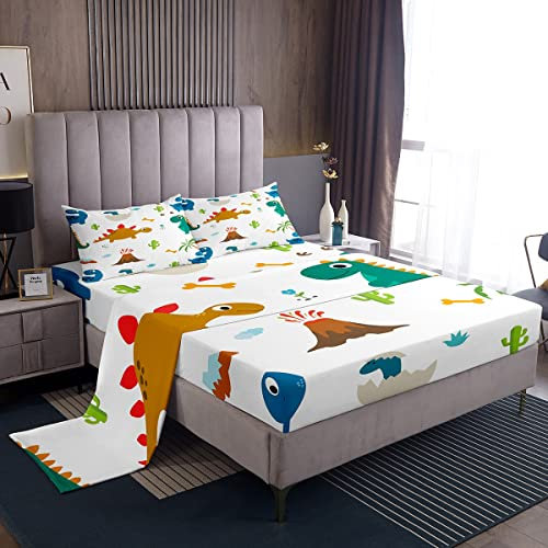 Set di biancheria da letto con dinosauro kawaii, set di biancheria da letto con motivo dinosauro giungla, lenzuolo con angoli per bambini, ragazzi, ragazze, adulti, con 1 federa per letto singolo