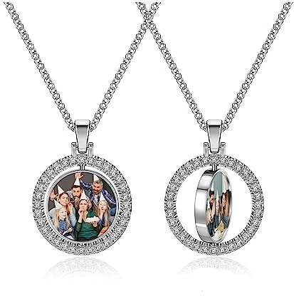 PiercingJak Charms Halskette beidseitig Foto Gravur Drehbar Rund Anhänger mit Strass 28 Kette Personalisierte Geschenke für Freundin Partner Familie, Silber/Gold