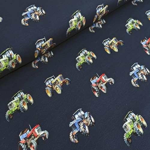 Eigenproduktion Baumwolljersey Traktoren auf Nachtblau Stoff Meterware Jersey Trekker Farm kleiderstoff