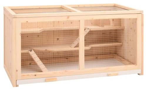 vidaXL Spacious Solid Fir Wood Hamster Cage with Easy Cleaning Features and Wire Mesh Design, perfect for Small Pets like Hamsters, Gerbils, Mice, Brown Color