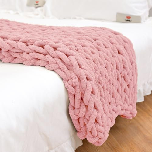 Dazzluxe Chunky Knit Blanket Throw, Soft Chenille Yarn, Handmade Thick Cable Knit Crochet Blanket, Large Throw for Couch Home Decor, Pink, 60 * 60 cm
