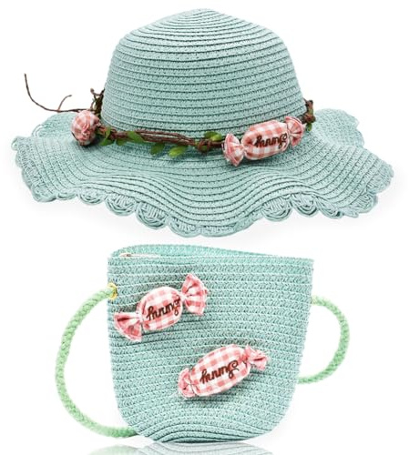 KNBMCAV Cappello di Paglia per Bambina Cappello da Sole, Cappello da Sole e Borsa, Cappello da Sole Estivo con Decorazioni Floreali per Spiaggia per Viaggio Vacanze attività All'aperto