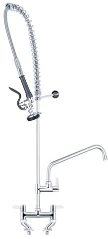 MOOTACO Commercial Kitchen Pre-Rinse Spray Tap, Adjustable Foot 12“ Double Pedestal Pull Out Flexible Hose Sink Kitchen Wall-Mount Tap(4-8inch Adjustable Center)