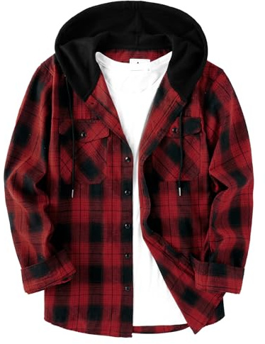 Onedog Chemise Homme en Flanelle à Carreaux Décontractée - Chemise de Chasse à Capuche Manches Longues avec Deux Poches Poitrine
