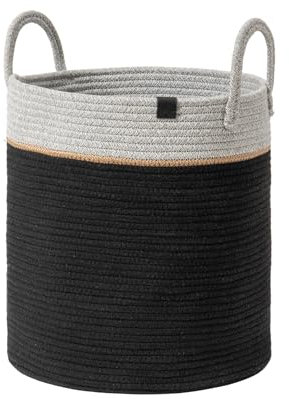 La Jolíe Muse Large Storage Basket - Cotton Rope Laundry Basket with Handle for Diaper Blanket Toy Towel Woven Laundry Basket Home Decor, Pewter Black-M