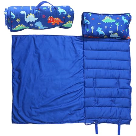 Tapis de couchage chaud avec oreiller et couverture, tapis de couchage anti-coups de pied avec poignée, sac de couchage portable pour enfants, pour chambre, extérieur, jardin d'enfants (dinosaure)