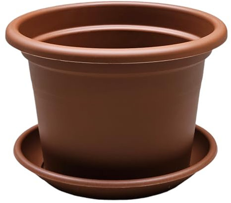 teramico Lot de 4 Pots de Fleurs Ronds en Plastique avec Soucoupe - Différentes Tailles - Terre Cuite et Taupe - Diamètre : 25 cm