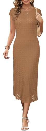 Newshows Summer Dresses for Women UK Hollow Knit Casual Work Business Elegant Ladies Midi Dress | Machine Washable Knit Sweater Fabric, Hollow Design, Bell Sleeve, Business Casual, Church Teacher Outfits, Modest Dress